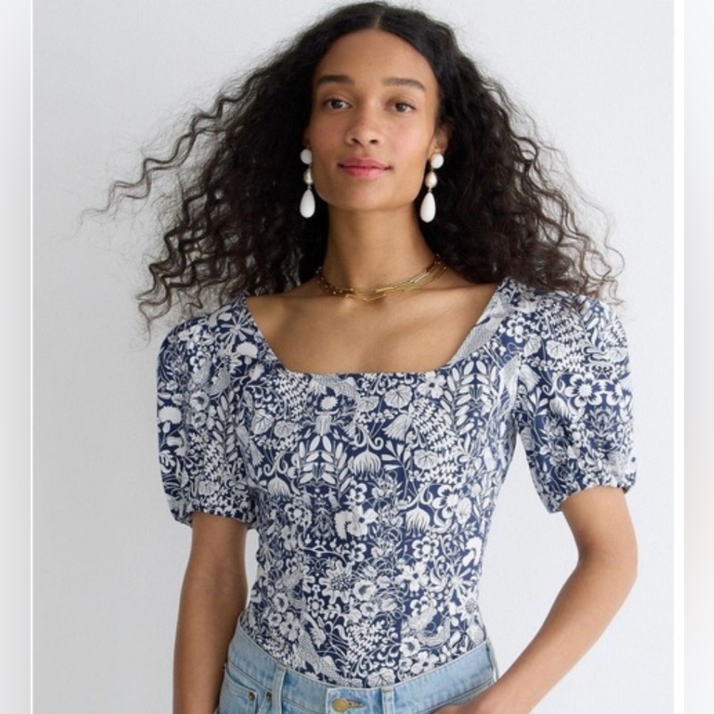 NWT J.CREW Puff-sleeve cotton poplin square neck top in mermaid floral Size 0